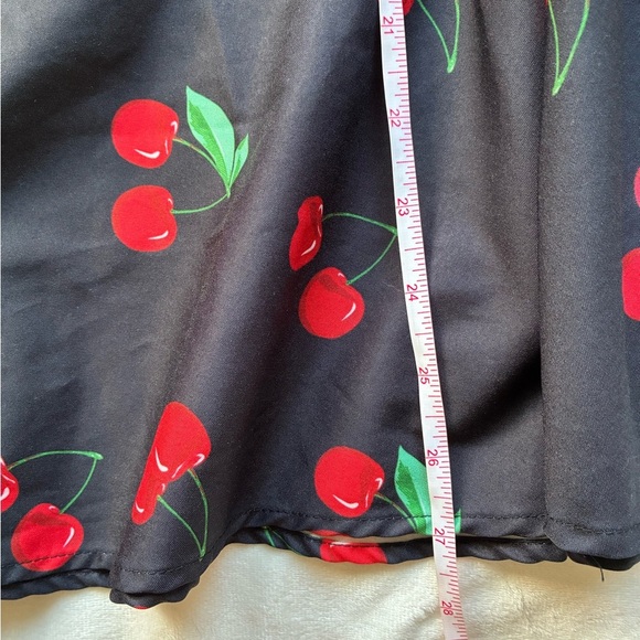 Belle Poque Cherry Print A-Line Midi Skirt w/ Tie Waist Black M— Pin-up Style - Picture 4 of 10